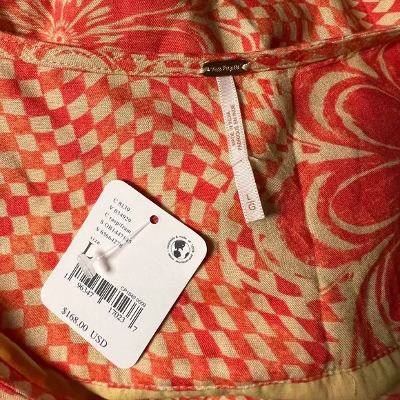 Free People Button front, tie detail, retro maxi dress, orange cream red - Picture 3 of 7